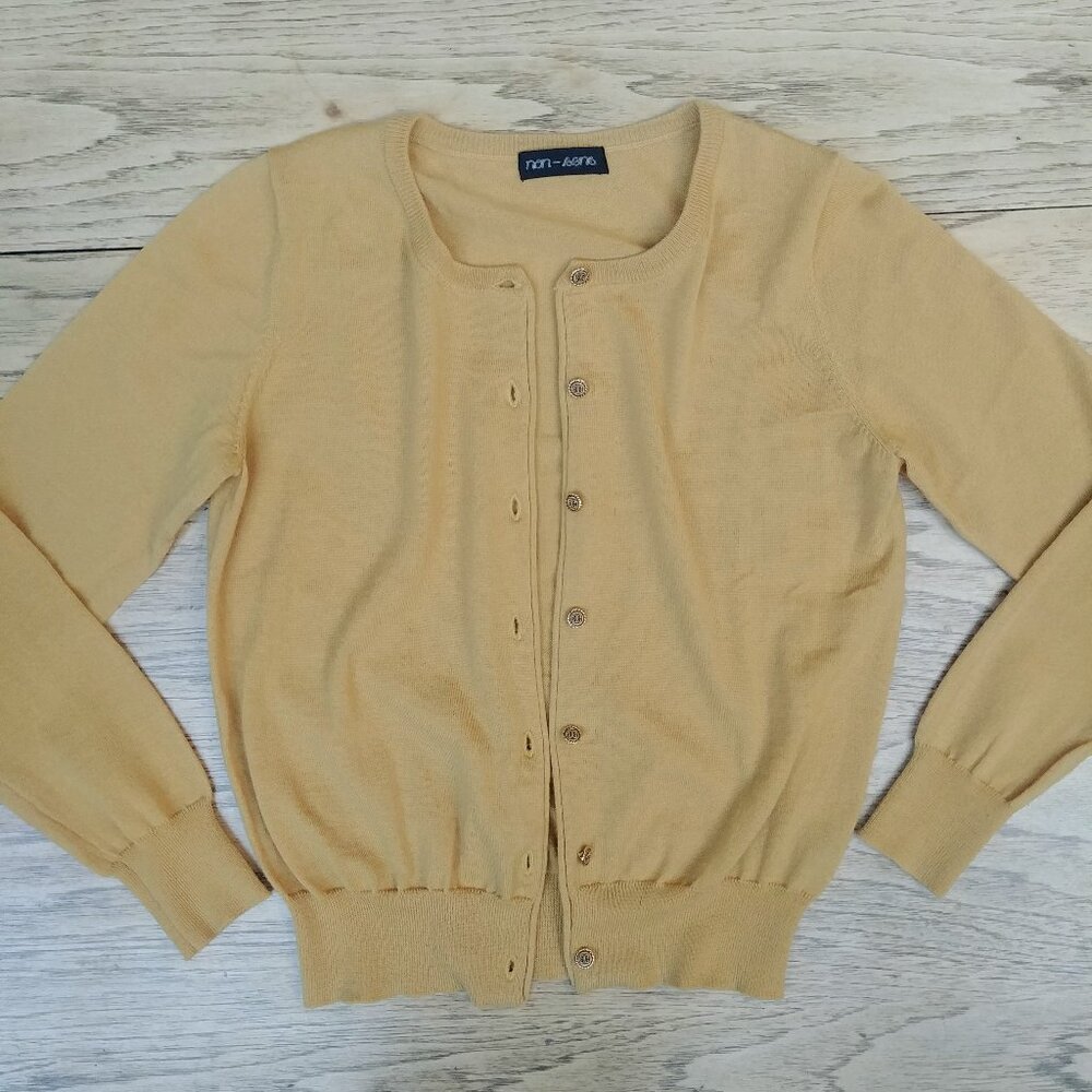 Vintage Japan 100% wool mustard yellow cardigan sweater top gold F approx Small